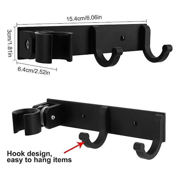 Duschhuvudhållare Väggfäste med 2 hängkrokar Handhållet duschfäste Behövs ingen borrmaskin Black Style 1