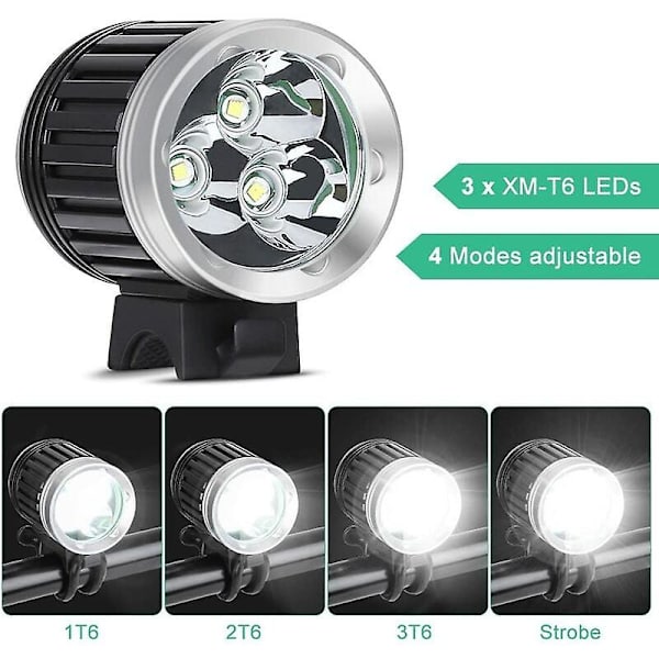 Kraftfull LED-lampa för mountainbike, Cykellampa, Mountainbikelampa, Uppladdningsbar LED-cykelstrålkastare, Vattentät, 3600 Lm, 3 T6 Cree Xm-l, 4 Ljuslägen