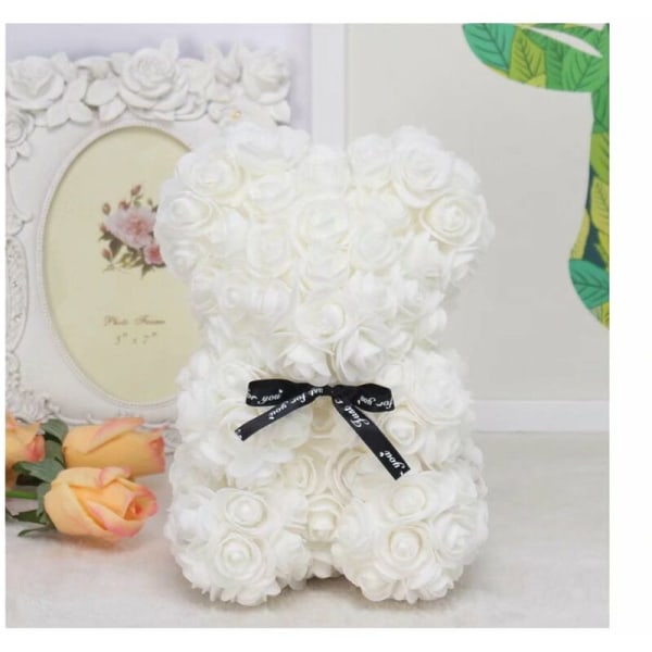 Hvit sløyfe 5 cm klem bjørn + rosebjørn gaveeske Valentinsdagsgave Rose stor hvit bjørn