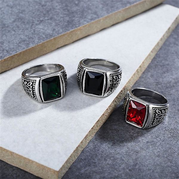 Vintage rustfrit stål udskåret mønster rød sten ring til mænd kvinder punk mode rød granat natur ring smykker Black