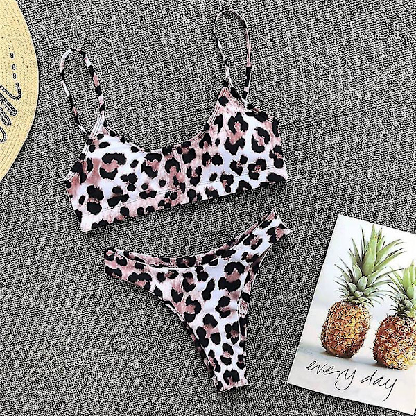 Kvinder Leopard Print Thong Bikini Sæt polstret Pink L