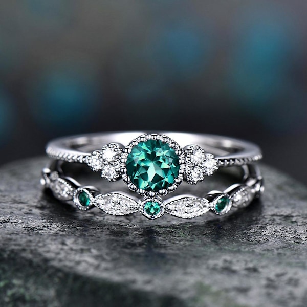2 stk/sett kvinner Cubic Zirconia Innlagt stablebar fingerring bryllupssmykker gave Blue US 10