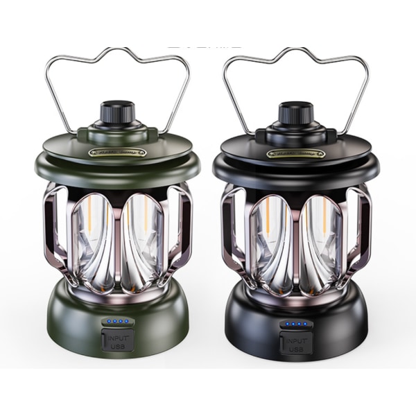 Udendørs Camping Lampe LED Retro Heste Lanterne Bærbar Telt Lys Bærbar USB Genopladelig Camping Lampe (Mørkegrøn),