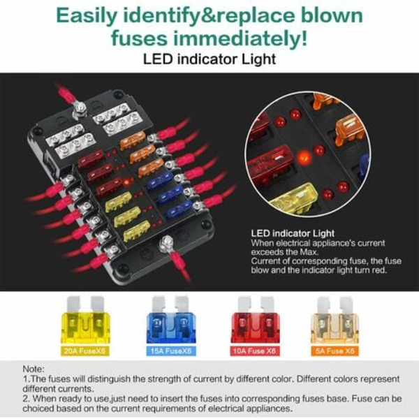12-veis sikringsskap, 12V sikringsholder, ATO 32V 100A med 12 LED-indikatorlys Vanntett beskyttelsesdeksel, sikringsskap med 2