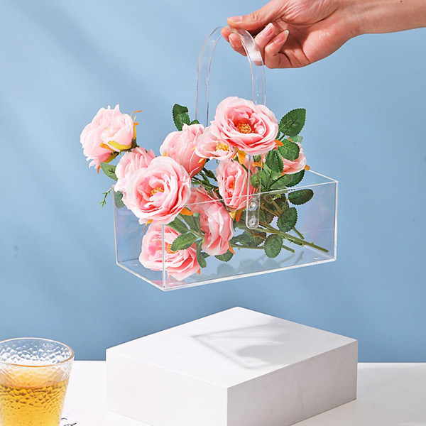 Blomsteræske med håndtag Robust bund Skridsikker bund Går ikke let i stykker Splintsikker Vandtæt gennemsigtig blomstergaveæske Stueindretning