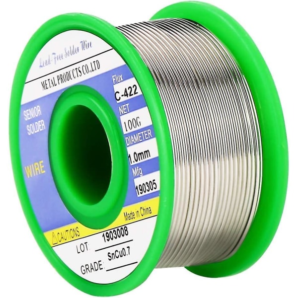 Loddetråd, 1,0 mm loddetråd for lodding, Sn 99,3 % Cu 0,7 % blyfri loddetråd med kolofoniumkjerne, for elektrisk lodding (100 g)