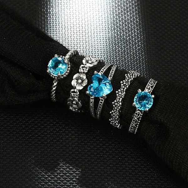 5 stk/sett Retro Boho Hulblomst Hjerte Blå Rhinestone Kvinner Fingerringer