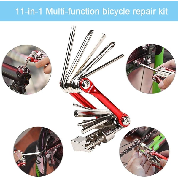11 i 1 multifunksjonssykkelreparasjonsverktøy, minisykkel multiverktøysett, sammenleggbart bærbart sykkelvedlikeholdsverktøy (rødt)