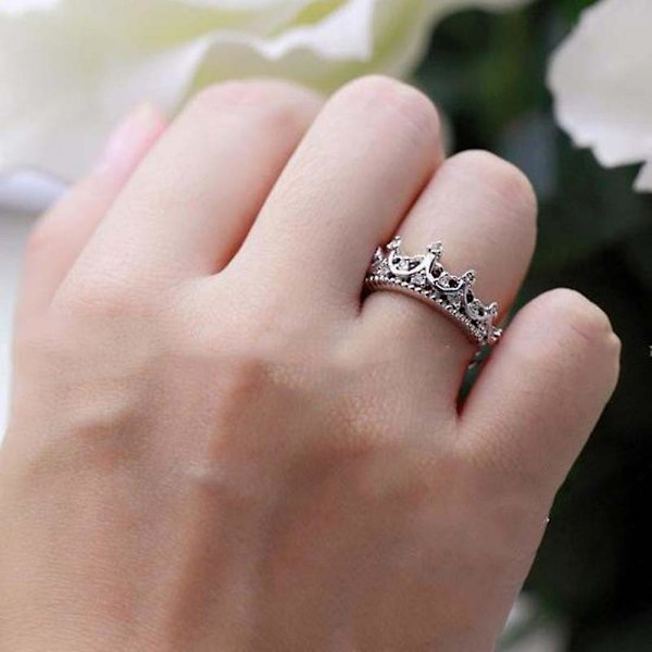 Dammode Rhinestone Inlagd Hollow Crown Finger Ring Bröllop Smycken Present Silver US 9