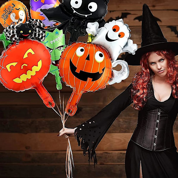 9-pak Halloween folieballoner Sort Spider Cat Ghost Bat