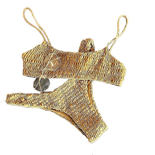 Kvinder Sommer Crinkle Bikini Sæt Plain Badetøj Badedragt Yellow M