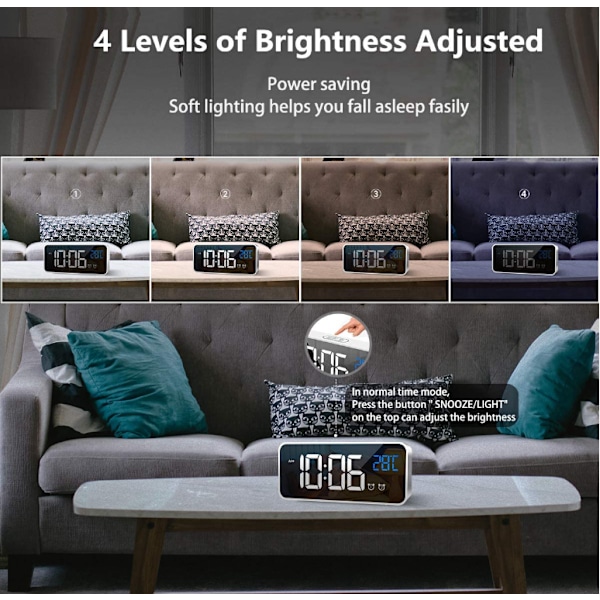 LATEC digital väckarklocka, LED-väckarklocka med snooze-funktion, USB portar för laddning (silver)