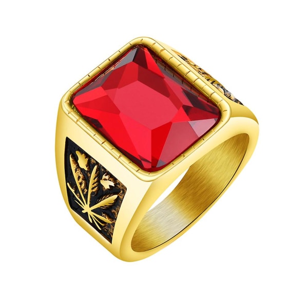 Mænd Square Rhinestone Udskåret Maple Leaf Band Titanium stål Ring smykker gave Golden US 10 Red..