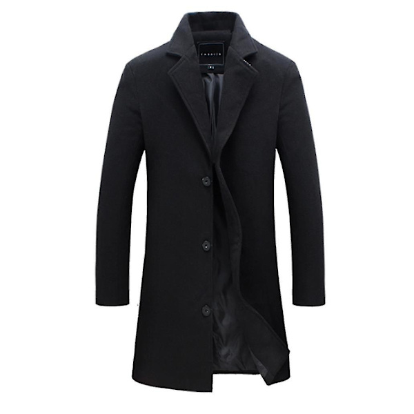 Mænd mellemlang uldfrakke Solid revers Mode Slim Fit Overfrakke XXL Black