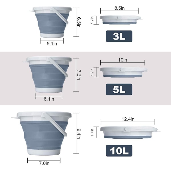 Sammenleggbar silikonplastbøtte, plassbesparende bøtte for hjemmerengjøring, camping, fiske, hage og reise - Bærbar vannbærer (grå, 10l)
