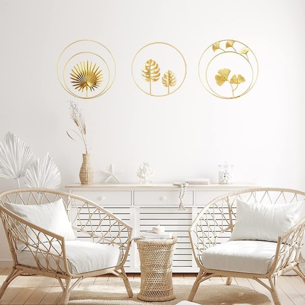 3 stk dekorative jern veggskulpturer, 3d metall blader jern ginkgo blader dekorasjon, vegg palm dekorasjon, metall vegg dekor for hjem hotell dekorasjon