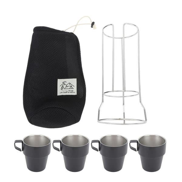 Sort Stabelbart Rustfrit Stål Dobbelt Lag Isoleret Kaffekopper Sæt med Metalstativ Let at Rengøre til Camping