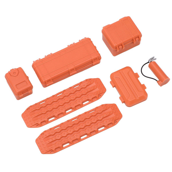 1/18 1/24 RC-bilssimuleringstillbehör Set Orange: Resväska, Verktygslåda, Brandsläckare, Flyktbräda.