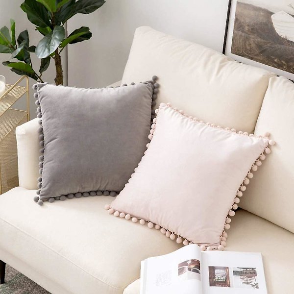 Paket med 2 Sammets-kuddfodral Pompom Dekorativa örngott Solida mjuka kuddfodral Med Poms Fyrkantig För Soffa Soffa Sovrum Bil 18x18tum Da 26 x26 Pink