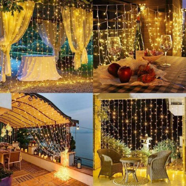 Gardinstrenglys, 600 LED-strenglys 6mx3m, 8 lysmoduser, lav spenning 31V, vindusdekorasjon, jul, bryllup, B