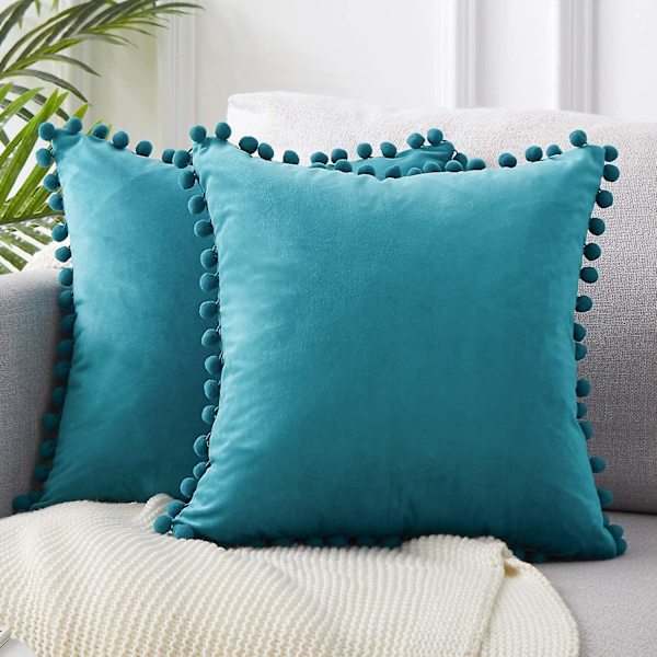 Set med 2 sammetskuddar med pumps Enfärgade kuddfodral Prydnadskuddar Kuddar Sittdynor Prydnadskuddar Soffkuddar för Sof Turquoise