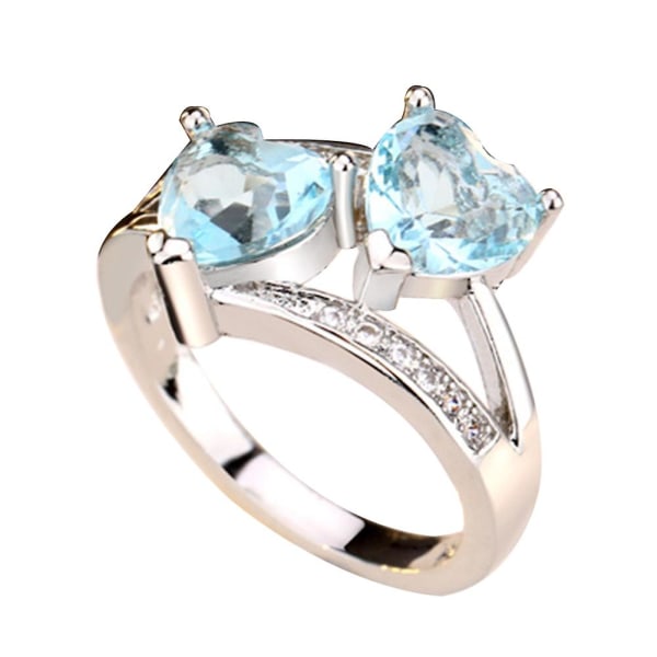 Damemote Dobbel hjerteform Cubic Zirconia Innlagt fingerring smykkegave Blue US 8