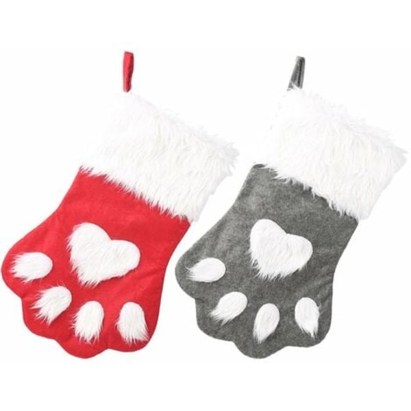 Hund Cat Paw julestrømpe, plysj hengende sokker for ferie og juledekorasjoner (stor/16,5 tommer, 2-pak/grå+rød