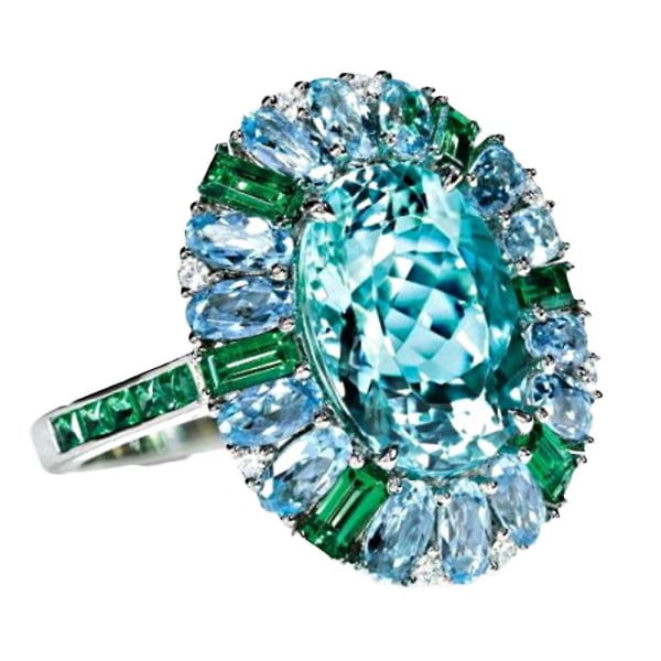 Luksus Kvinder Faux Emerald Aquamarine Flower Ring Bryllupsfest smykker gave US 7