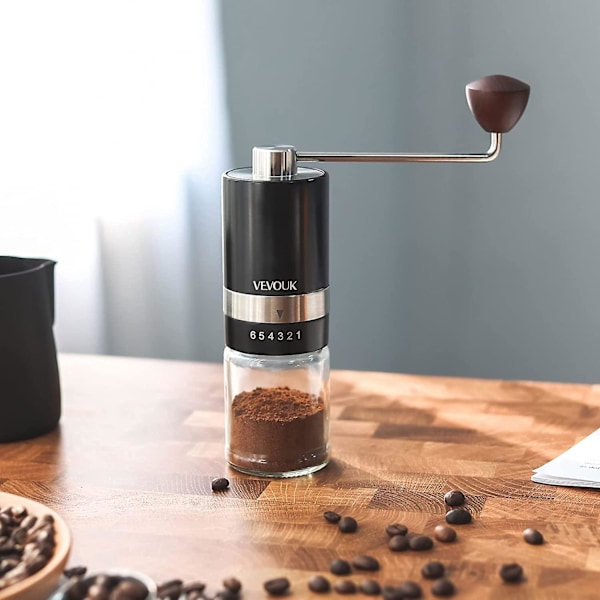 Svart manuell kaffekvarn, 6 grovhetsinställningar, Cnc-borrkvarn i rostfritt stål, 30 g kapacitet, vev i rostfritt stål, lätt att rengöra, semesterpresent