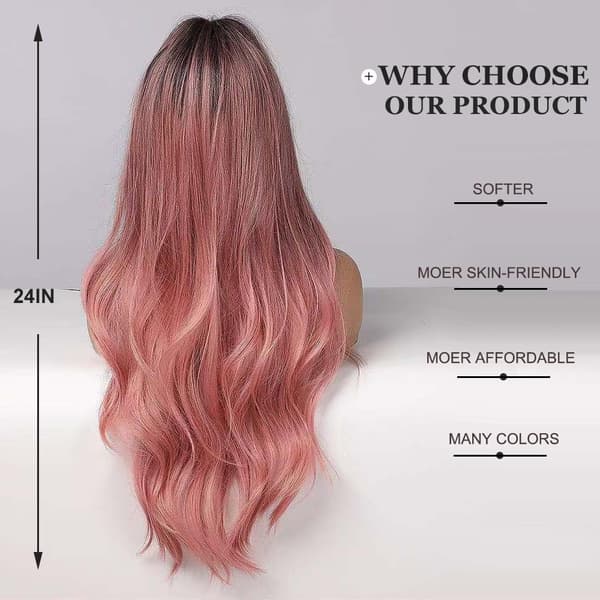 Syntetisk parykk gradient rosa langt bølget hår