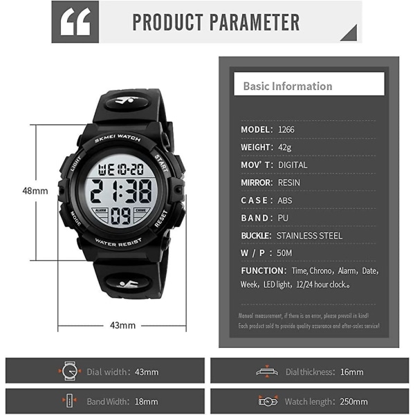 Lasten watch ulkourheilu 50 m vedenpitävä elektroninen kello herätyskello 12/24 h sekuntikello kalenteri poika tyttö rannekello