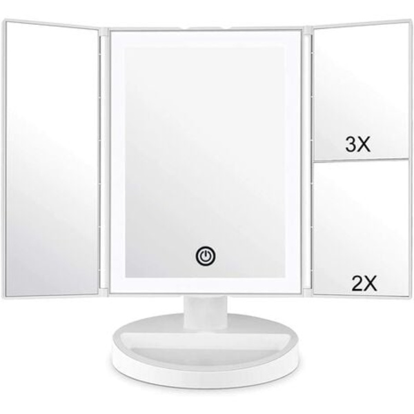 Makeup spejl med LED lys og berøringsskærm, 1X/2X/3X forstørrelse, 180° justerbar rotation, bordspejlbatte