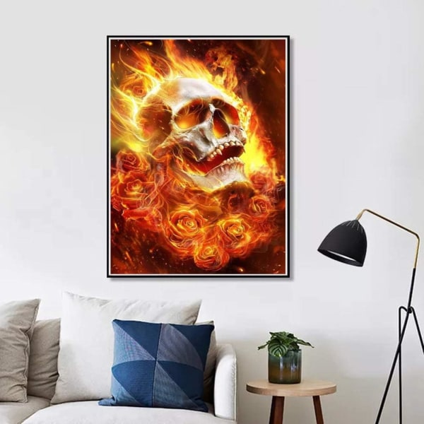Gör-det-själv 5D diamond painting Hel rund borrsats Strassbildhantverk för hemväggdekor 30x40cm Flame Skull,