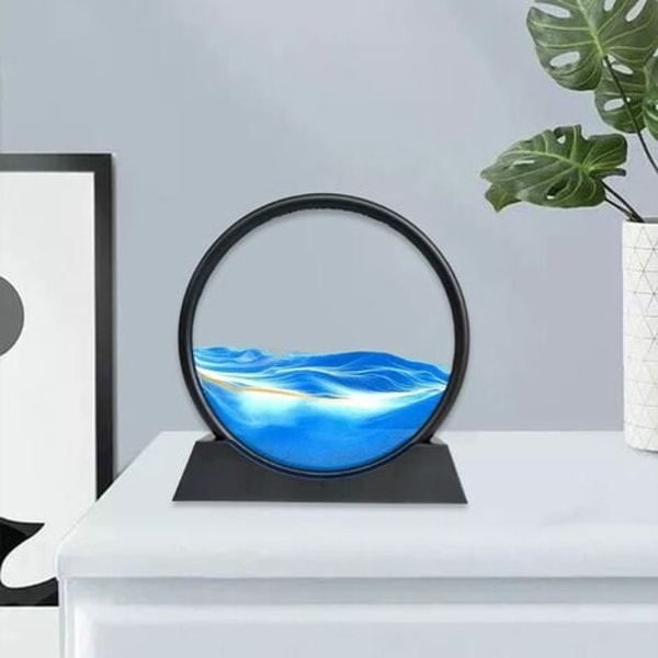 Quicksand Art 3D Rund Glass Quicksand Landskap, kontor hjemmeinnredning, blå svart, 7 tommer