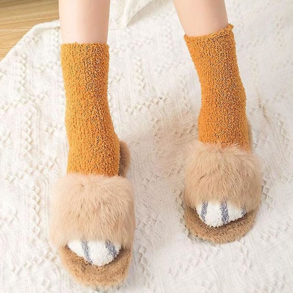 Kvinder Warm Funny Fluffy Cat Paw Soft Bed Slipper Socks Yellow