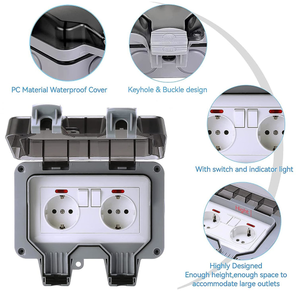 Kaksinkertainen vedenpitävä pistorasia itsenäisellä kytkimellä, Ip66- power cover, vedenpitävä seinäpistorasia