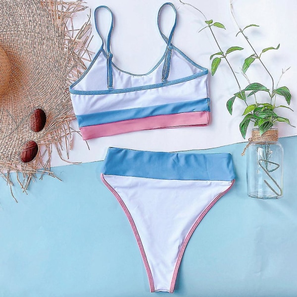 Naisten korkeavyötäröinen bikinisetti Set kesäiset rantavaatteet White and Blue M