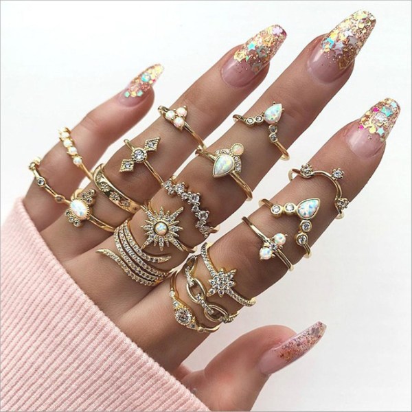 17 stk stablebare knoke ringer geometriske rhinestone kvinner Vintage glitrende fingerringer smykker tilbehør