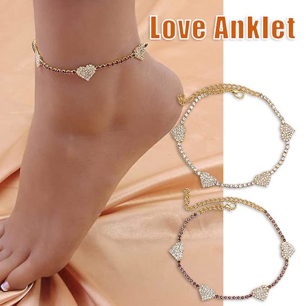 Mode Rhinestone Anklet For Women Love Shape Ankel Armband Beach Barfota Smycken Golden Purple
