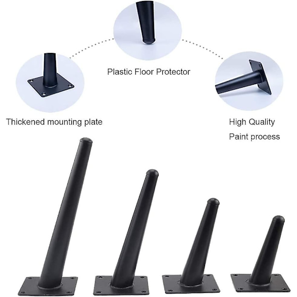 4 stycken sneda bordsben Metallskåpsben, möbelben med kon, 201 rostfritt stål, svart, 25 cm höjd, halkfri Tyst bas för soffor, bord A