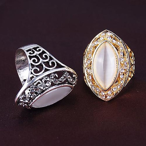 Kvinnors lyxiga Royal Style Hollow Big Resin Opal Party Vigselring Smycken 19 Silver 19