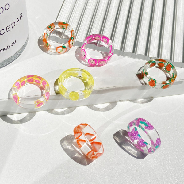 7 stk farverige ringe attraktive behagelige at bære harpiks citron harpiks fingerringe til gaver