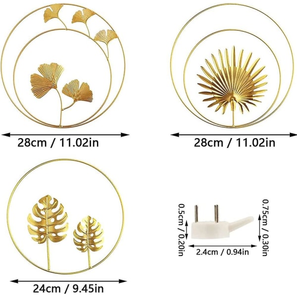 3 stk dekorative jern veggskulpturer, 3d metall blader jern ginkgo blader dekorasjon, vegg palm dekorasjon, metall vegg dekor for hjem hotell dekorasjon