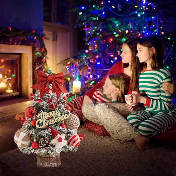 45 cm Mini Christmas Trees with Lights, Realistic Artificial Christmas Tree with Bows, Christmas Balls and Pine Cones, Mini Desktop Decoration Tree
