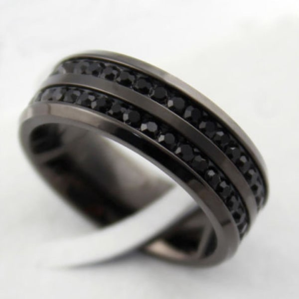 Unisex sort 2-rækket rhinestone rustfrit stål bryllupsring os str. 7-12 7