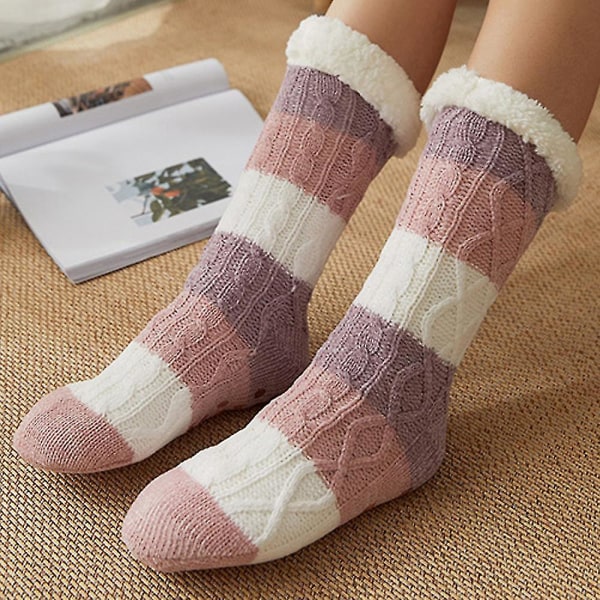 naiset Winter Sleeping Socks Tohvelit Liukumaton Fleece-sukka Pink And Purple