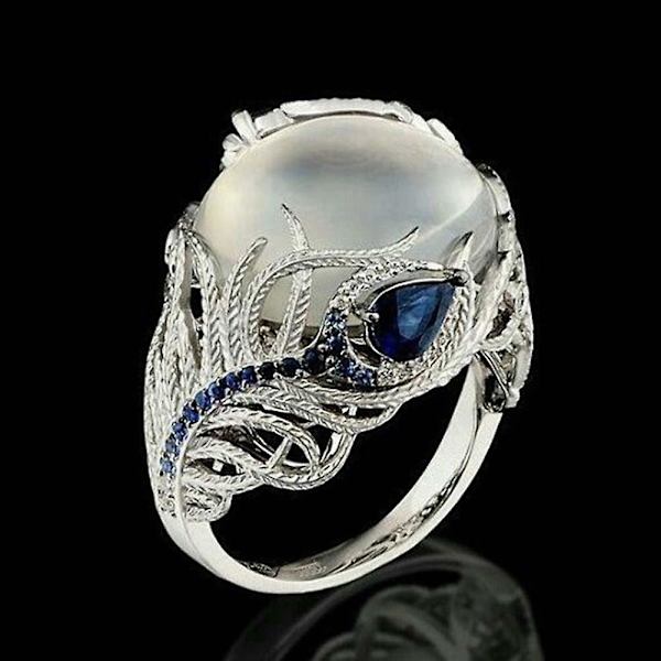 Kvinnor Faux Safir Opal Inlagd Peacock Feather Finger Ring Bröllop Smycken Present US 7