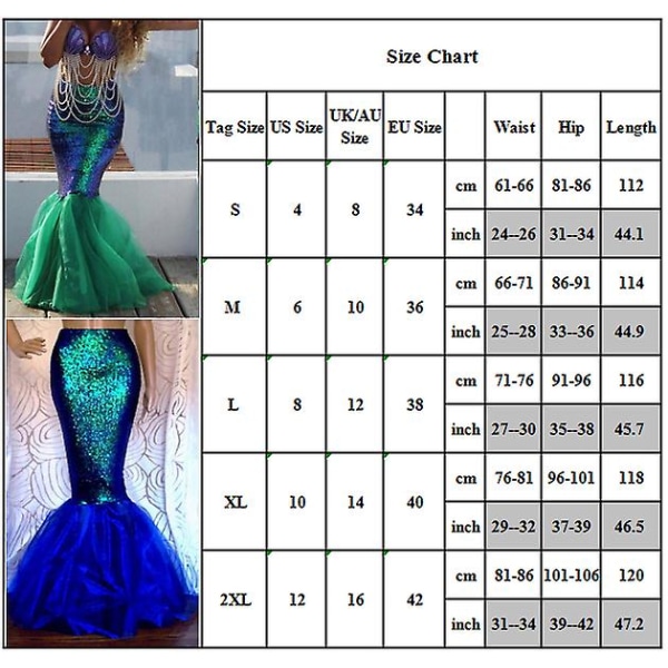 Havfrue fiskehale kostyme glitter skjørt cosplay halloween rekvisitter Blue XL