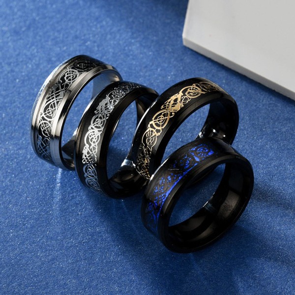 Mode Simple Mænd Lysende Drage Mønster Glødende Ring Smykker Tilbehør Silver-Black US 10