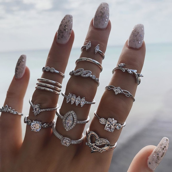 15 stk/sæt Kvinder Bohemian Rhinestone stabelbare fingerringe smykker gave til daglig brug